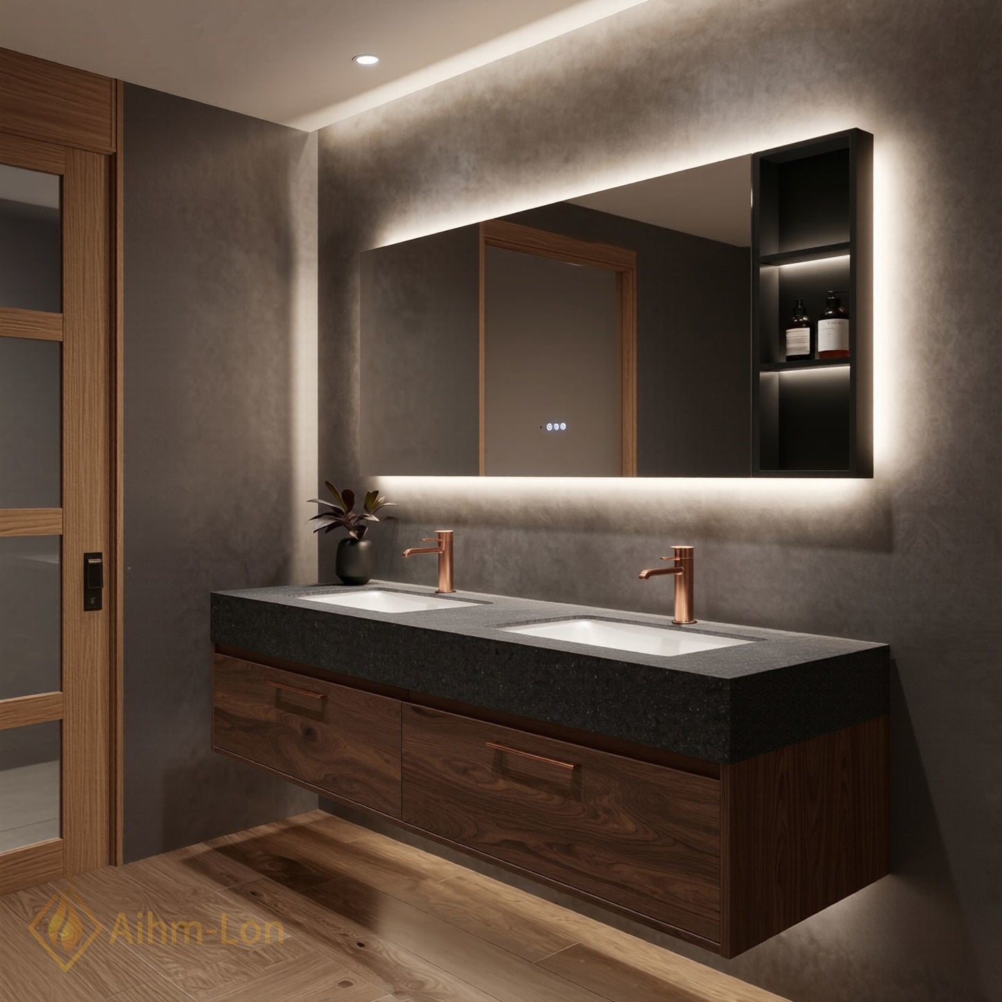 60''-96'' Floating Bathroom Vanity with Sink Double Sink Speckled Stone Mirror Cabinet