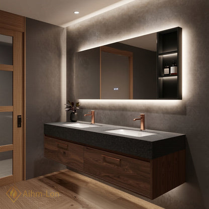 60''-96'' Floating Bathroom Vanity with Sink Double Sink Speckled Stone Mirror Cabinet
