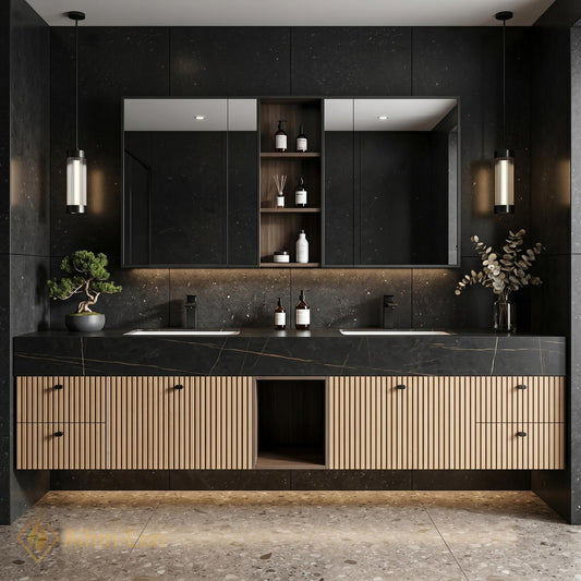 70''-96'' Bathroom Vanity with Sink Modern Floating Slatted Center Panel Open Shelving