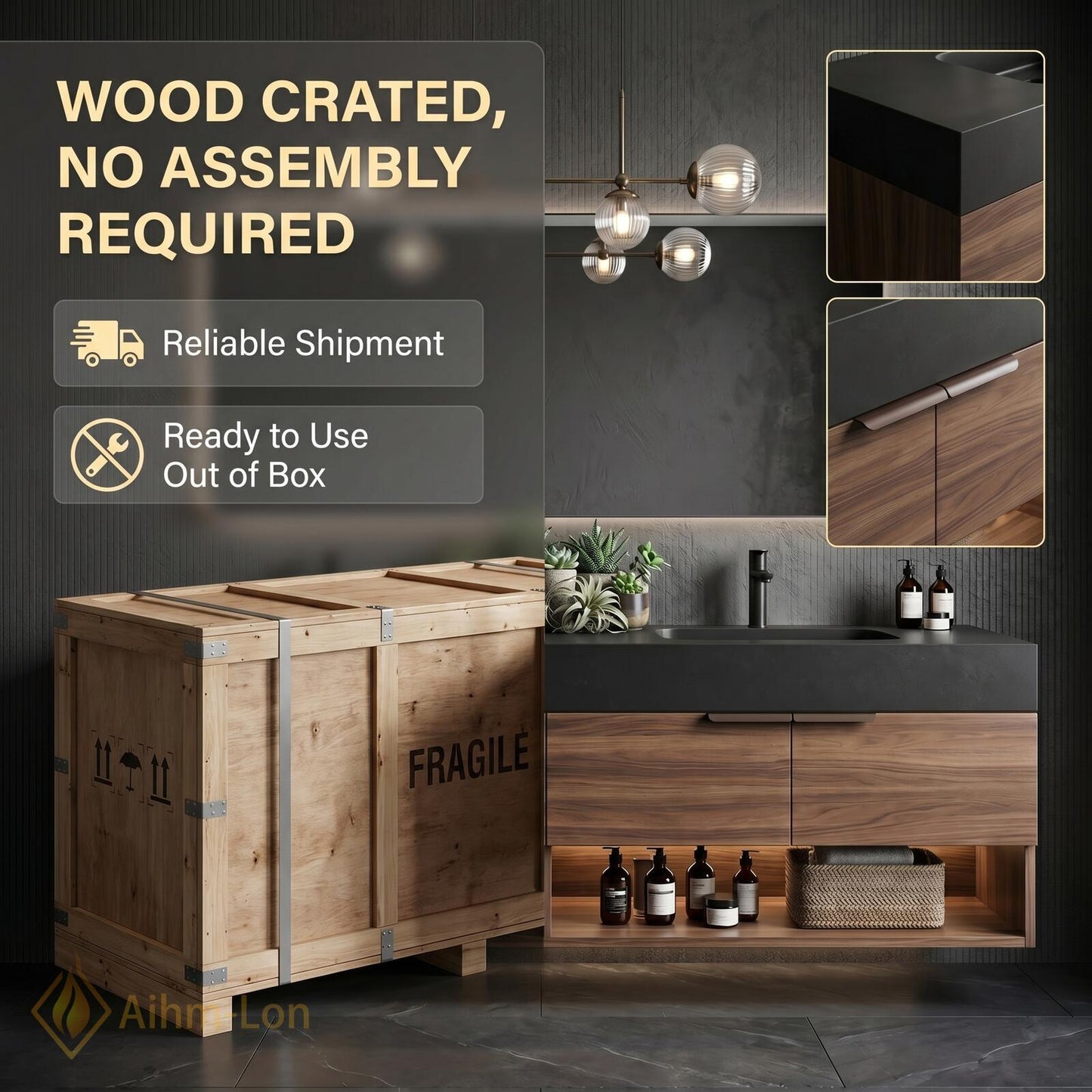 60''-96'' Double Bathroom Vanity with Sink Dark-Wood Modern Floating Slatted-Panels