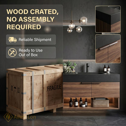 60''-96'' Double Bathroom Vanity with Sink Dark-Wood Modern Floating Slatted-Panels