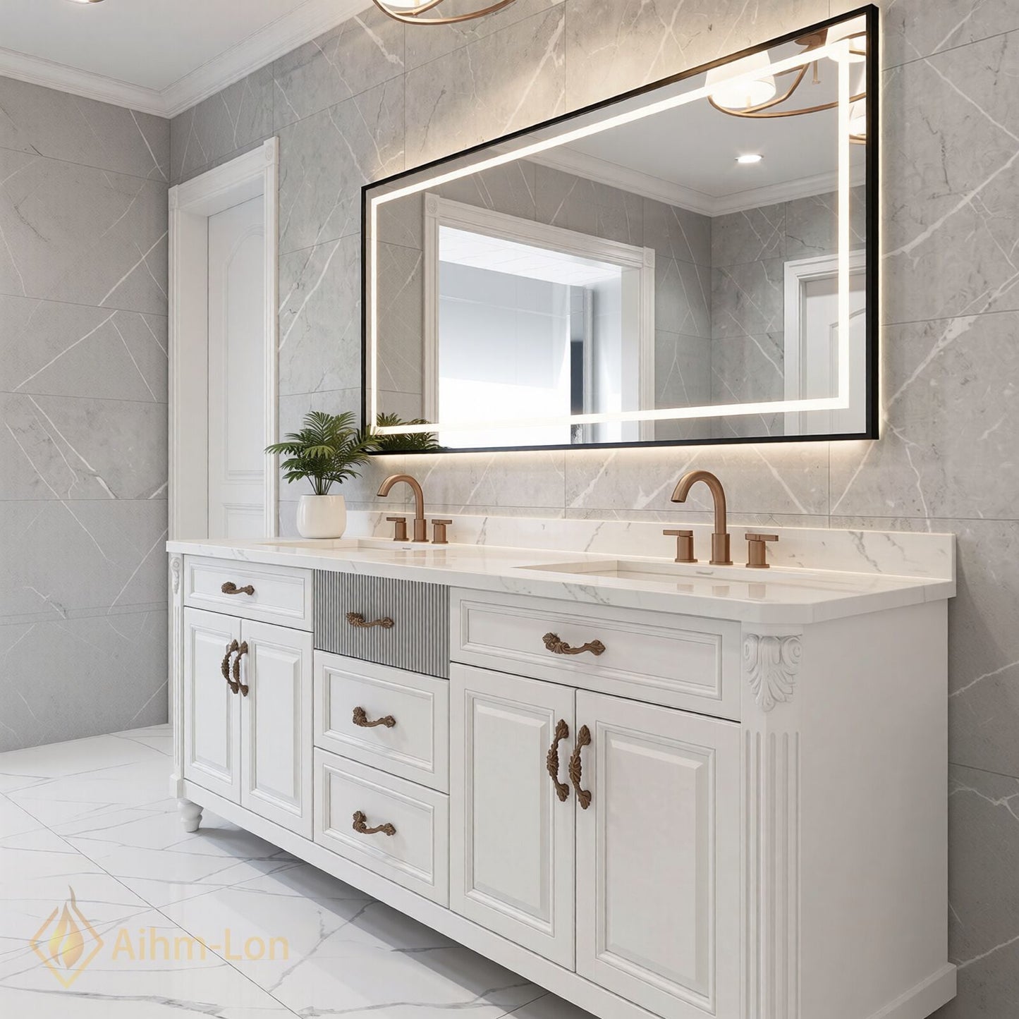 72''-96'' Modern Bathroom Vanity with Sink White Stone Textured Gray Drawer Cabinet