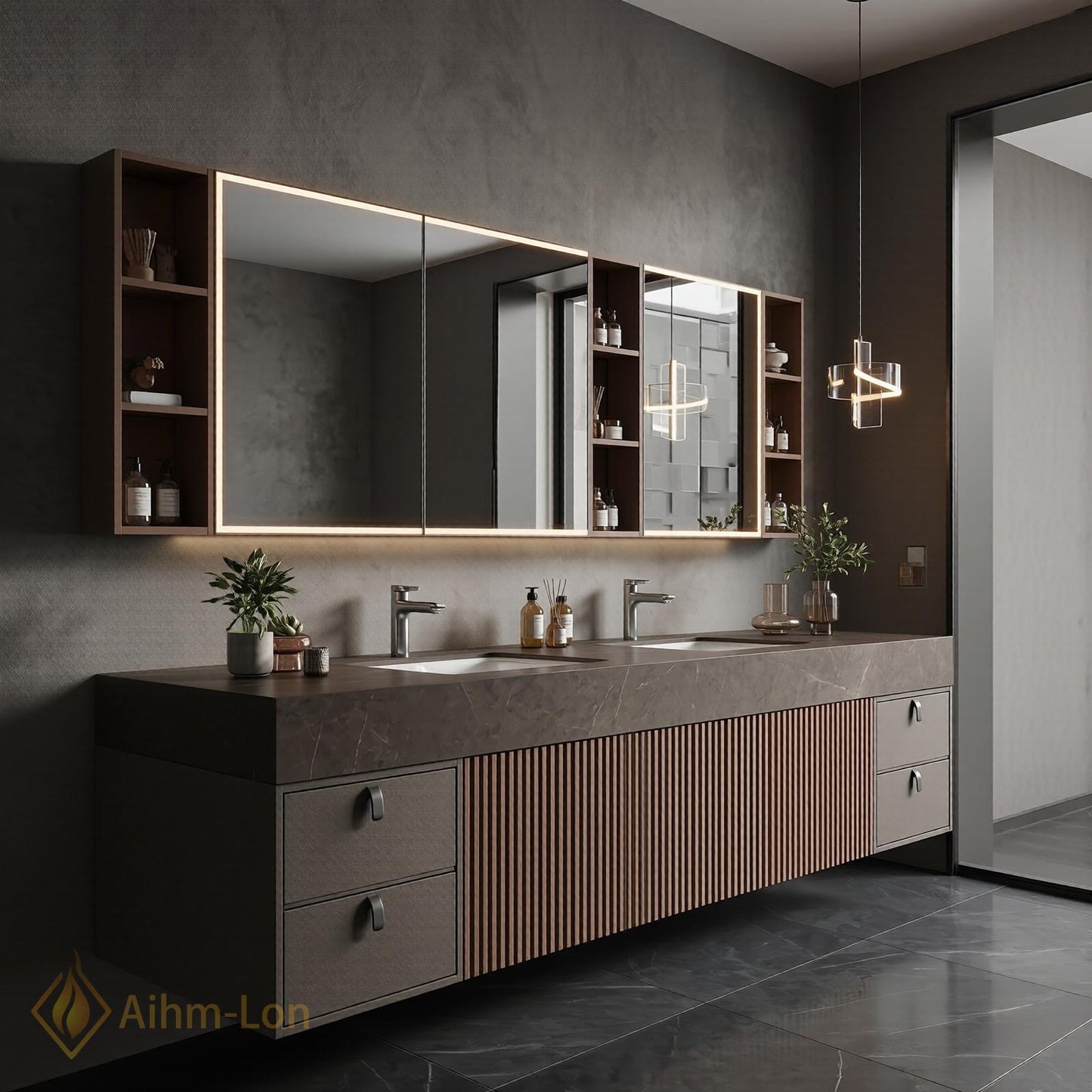60''-96'' Modern Double Bathroom Vanity with Sink Dark Stone Slatted Center Panel