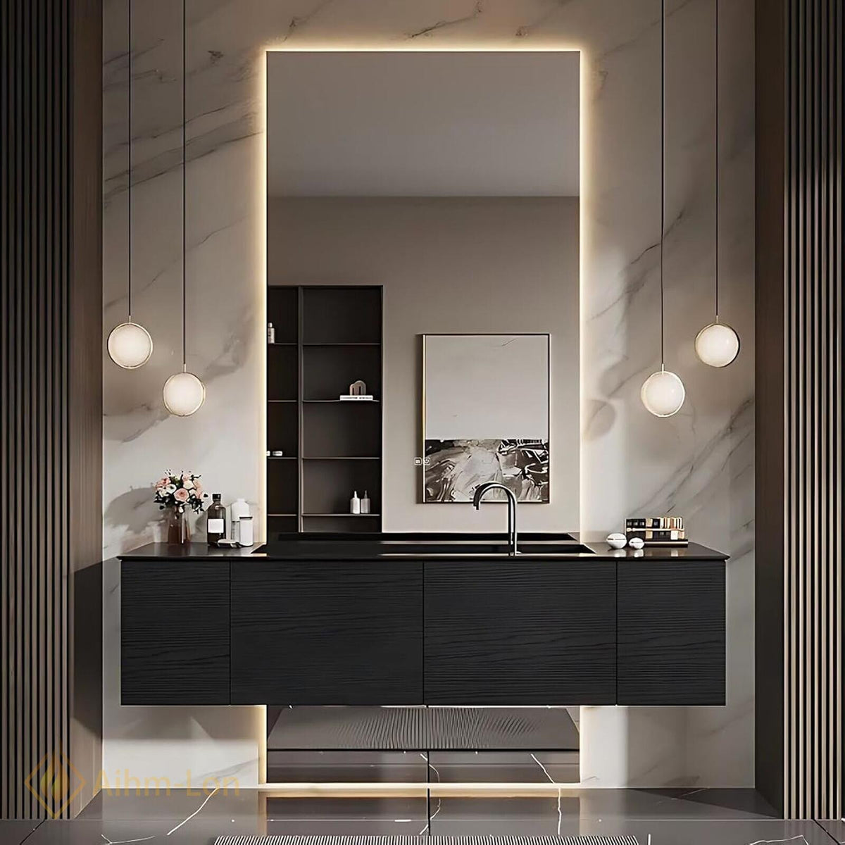 36''-110'' Double Bathroom Vanity with Sink Modern Sleek Dark Finish Spacious Shelving