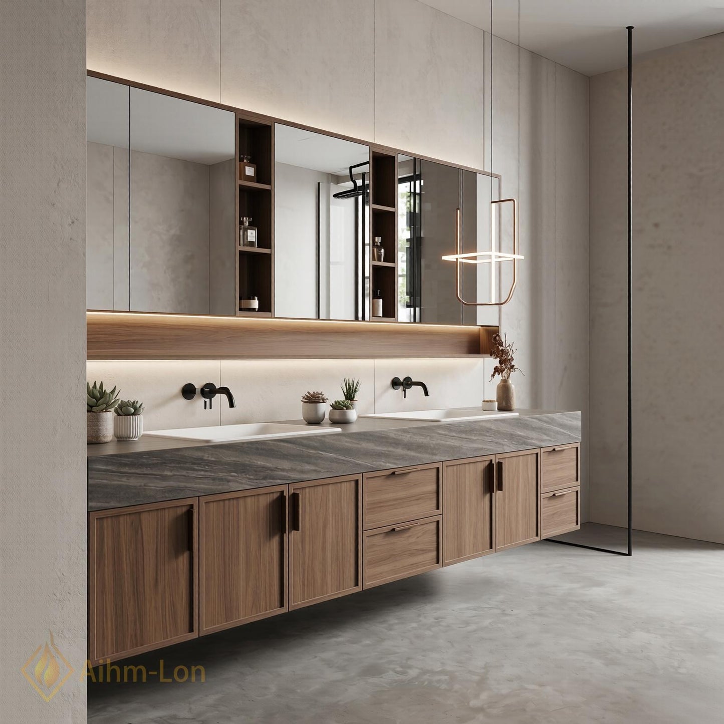 76''-96'' Modern Floating Bathroom Vanity with Sink Warm Wood Grain Wide Counter