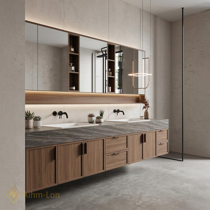 76''-96'' Modern Floating Bathroom Vanity with Sink Warm Wood Grain Wide Counter