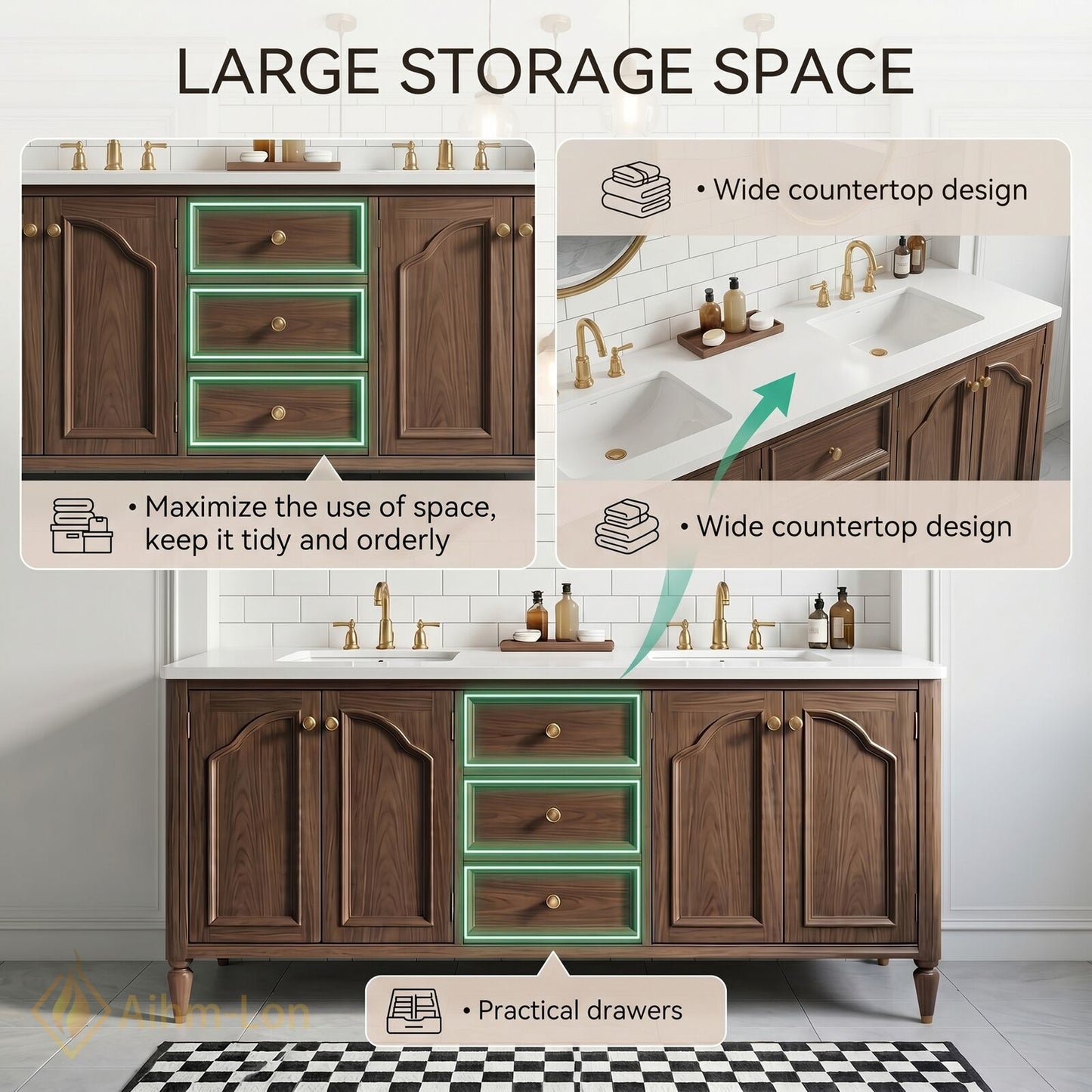 70''-96'' Double Bathroom Vanity with Sink Arched Panel Doors Solid Wood Central Drawer
