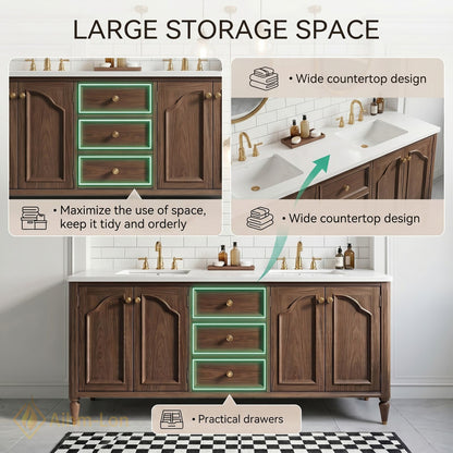 70''-96'' Double Bathroom Vanity with Sink Arched Panel Doors Solid Wood Central Drawer