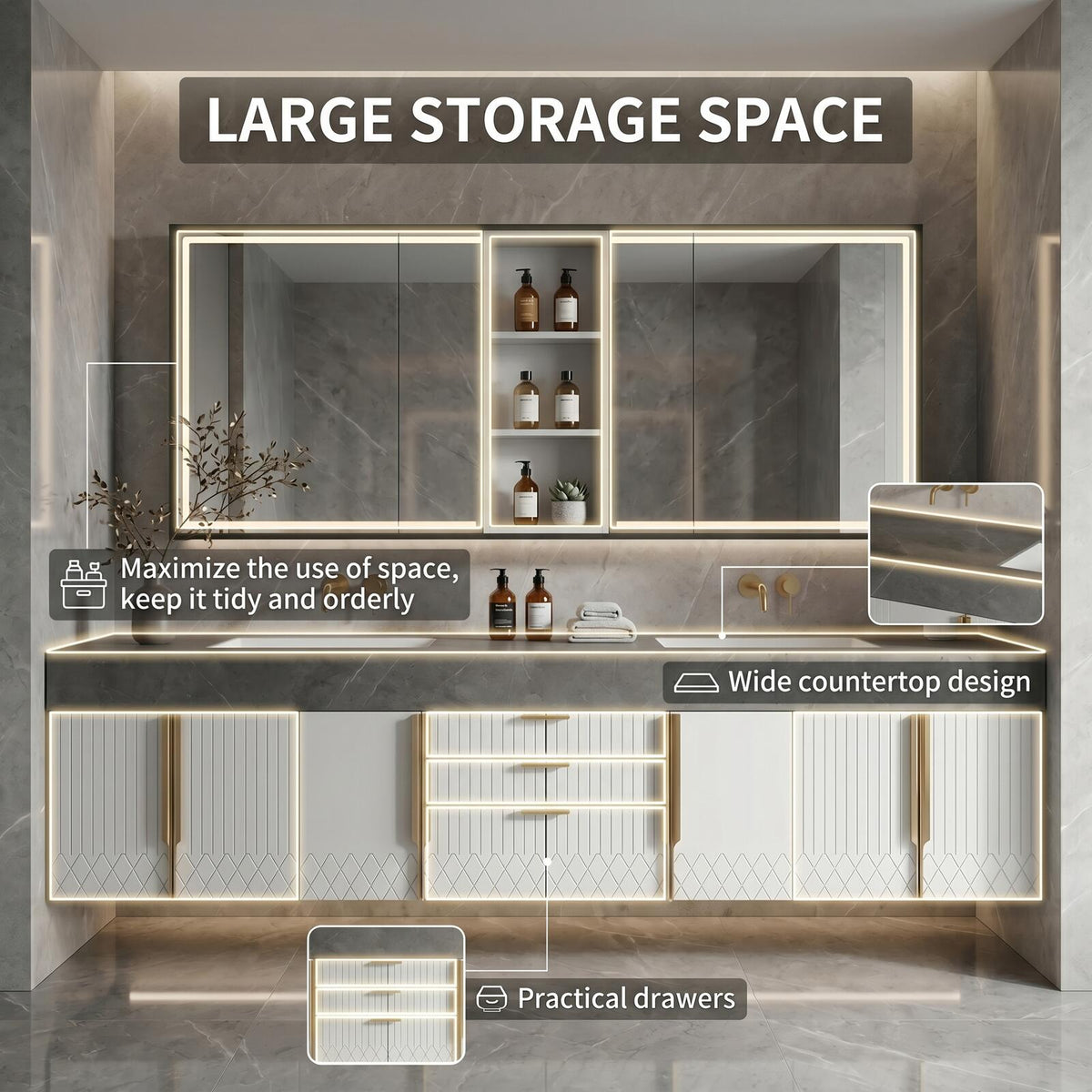 60''-96'' Double Bathroom Vanity with Sink Modern Floating Grey Marble White Vertical Stripe