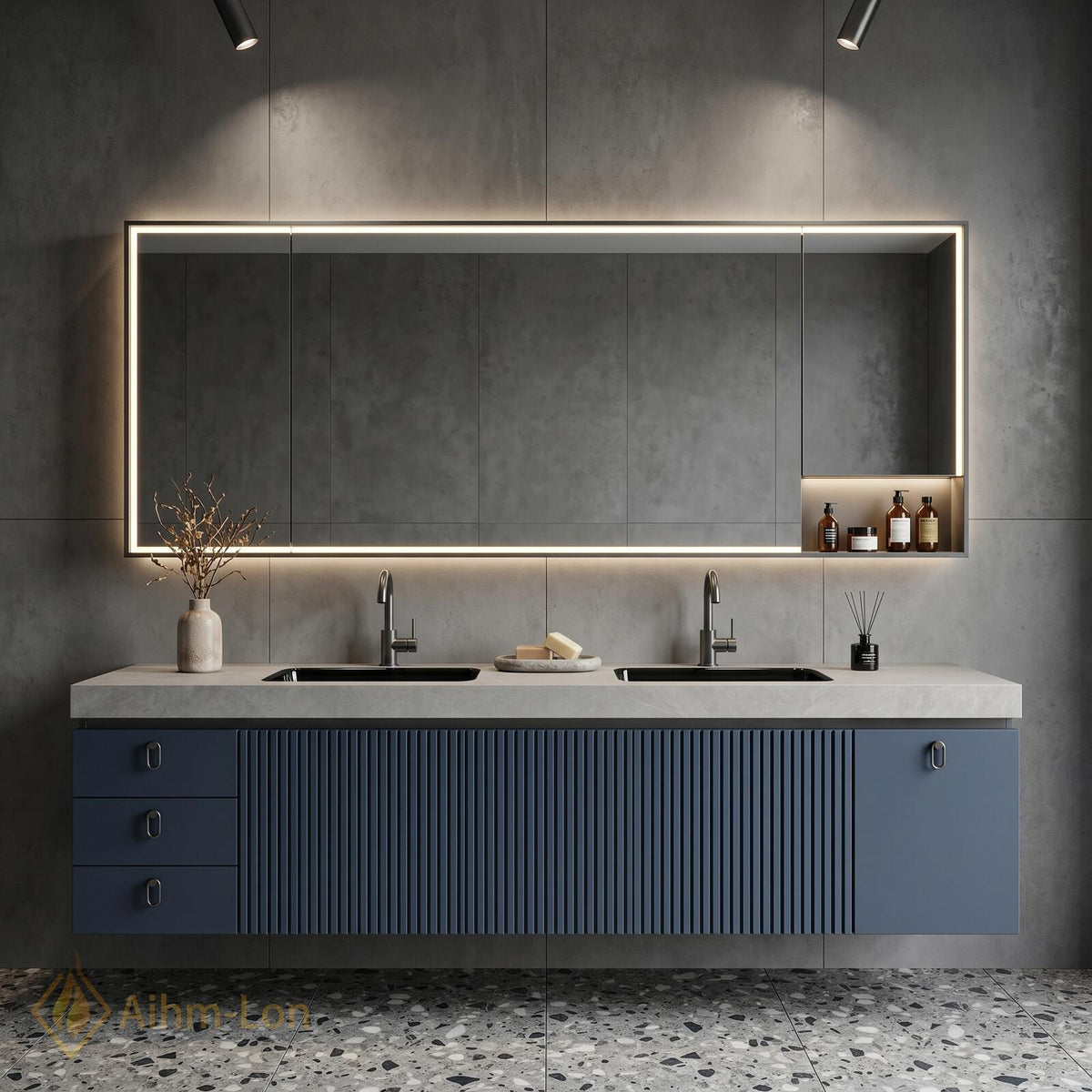 60''-96'' Double Bathroom Vanity with Sink Sleek Wall Mounted Ribbed Blue Finish