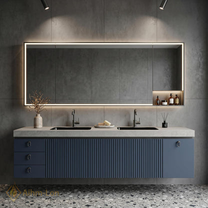 60''-96'' Double Bathroom Vanity with Sink Sleek Wall Mounted Ribbed Blue Finish