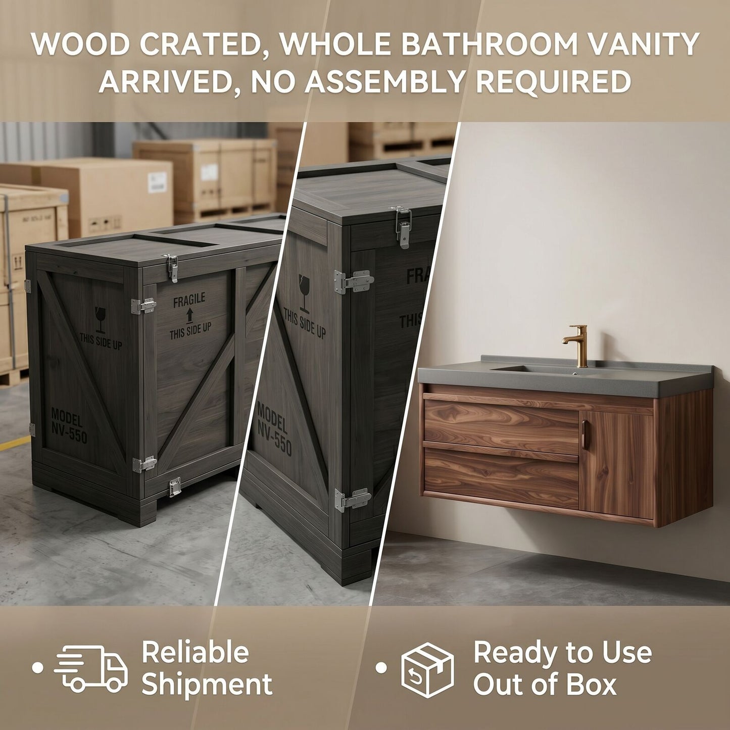 36''-64'' Modern Bathroom Vanity with Sink Floating Grey Stone Walnut Wood Grain Deep Drawers