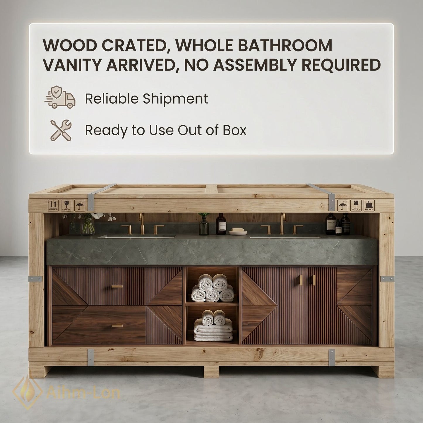 60''-96'' Double Bathroom Vanity with Sink Geometric Slatted Doors Dark Green Stone