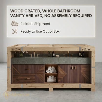 60''-96'' Double Bathroom Vanity with Sink Geometric Slatted Doors Dark Green Stone