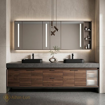 60''-96'' Double Bathroom Vanity with Sink Dark Stone Top Wood Grain Drawers