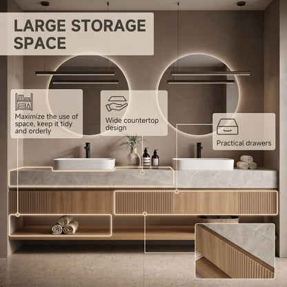 60''-96'' Modern Bathroom Vanity with Sink Grey Veining Top Slatted Wood Panels