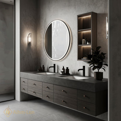 76''-96'' Double Bathroom Vanity with Sink Dark Grey Stone Wood Grain Panels