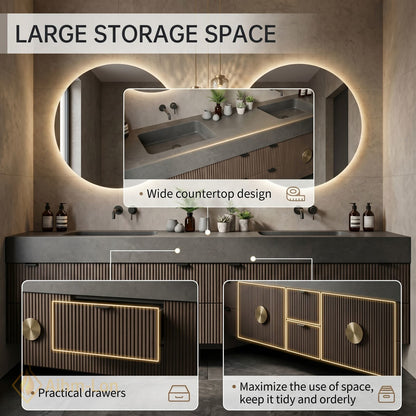 70''-96'' Double Bathroom Vanity with Sink Modern Slatted Vertical Panels Solid Brass