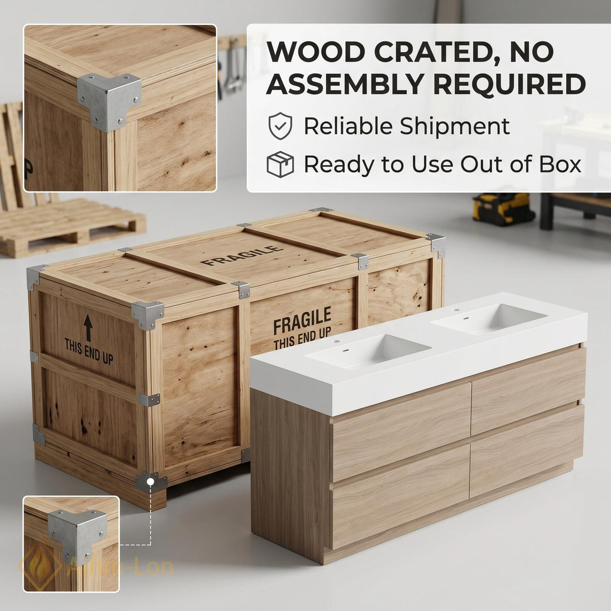 60''-96'' Modern Bathroom Vanity with Sink Floating Wide Mirror Wood Grained Drawers