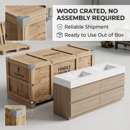 60''-96'' Modern Bathroom Vanity with Sink Floating Wide Mirror Wood Grained Drawers