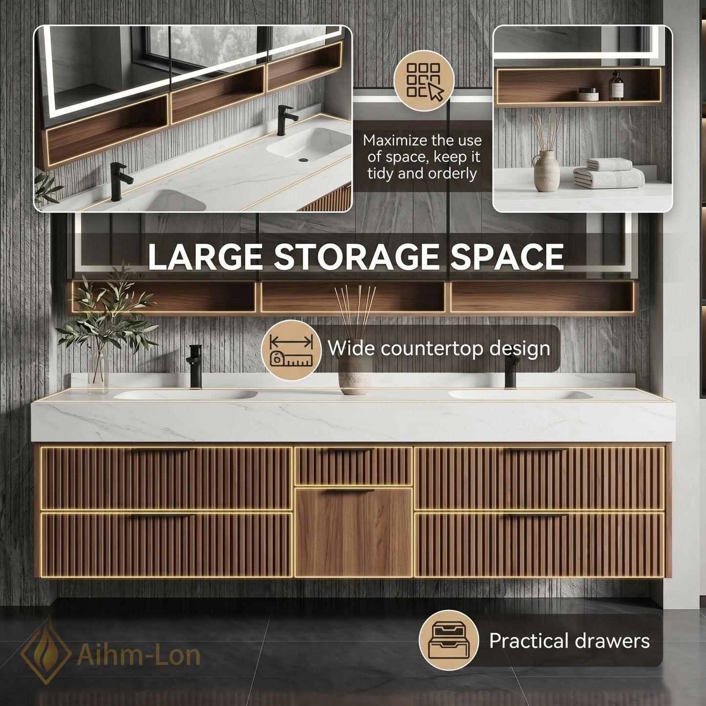 70''-96'' Modern Double Bathroom Vanity with Sink Floating Slatted Doors Warm Walnut