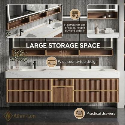 70''-96'' Modern Double Bathroom Vanity with Sink Floating Slatted Doors Warm Walnut