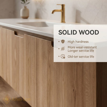 36''-64'' Single Bathroom Vanity with Sink Floating Light Oak Wood Grain Mirror Cabinet