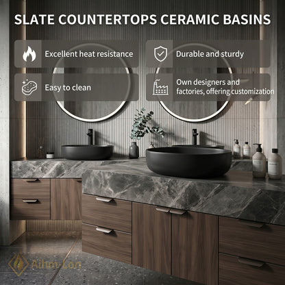 60''-96'' Double Bathroom Vanity with Sink Dark Grey Marble Slatted Doors Drawers