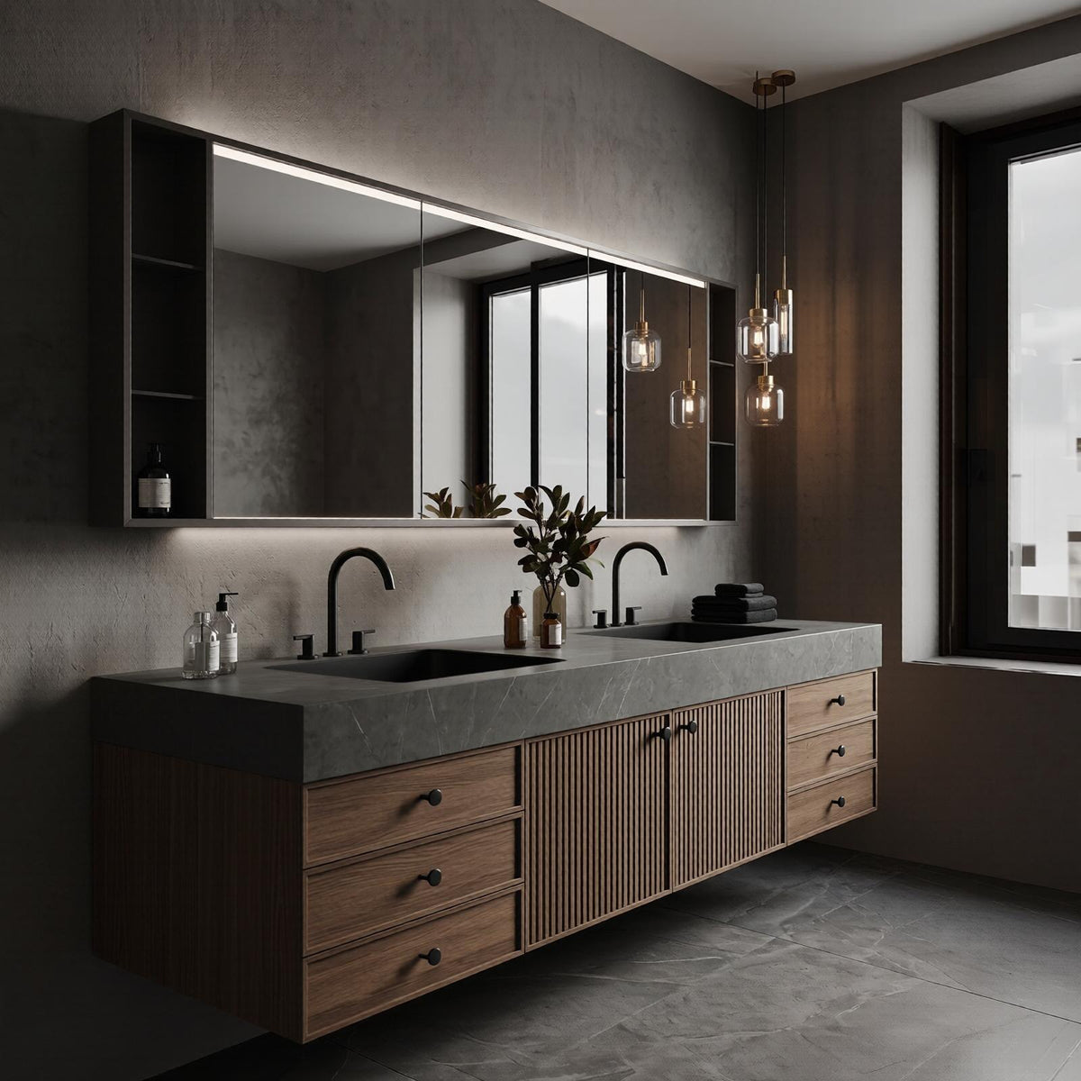60''-96'' Double Bathroom Vanity with Sink Modern Floating Slatted Wood Doors Wide Countertop