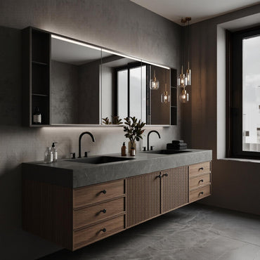 60''-96'' Double Bathroom Vanity with Sink Modern Floating Slatted Wood Doors Wide Countertop