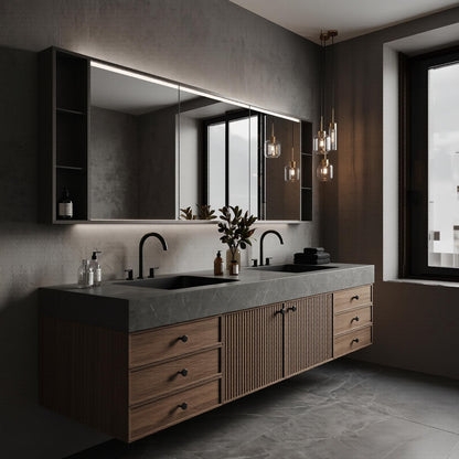60''-96'' Double Bathroom Vanity with Sink Modern Floating Slatted Wood Doors Wide Countertop