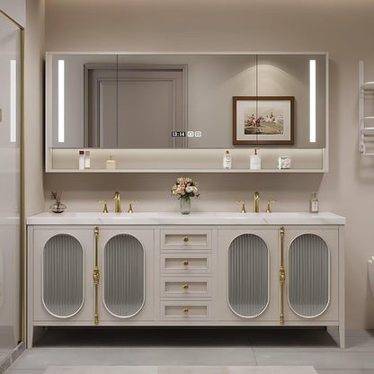 58"-96"Modern Bathroom Vanity Includes Fine Copper Metal Texture Handle & Striped Glass Door Storage