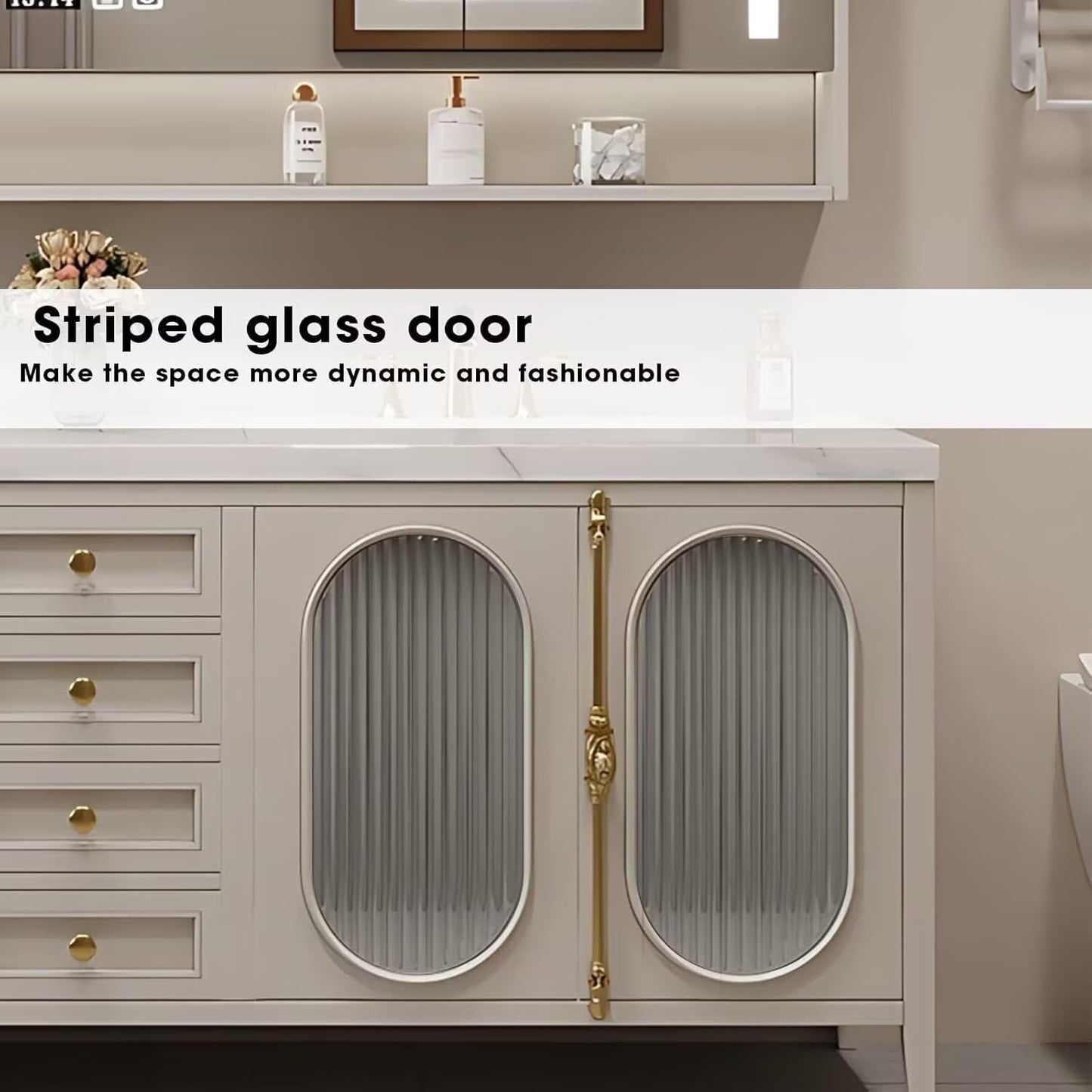 58"-96"Modern Bathroom Vanity Includes Fine Copper Metal Texture Handle & Striped Glass Door Storage