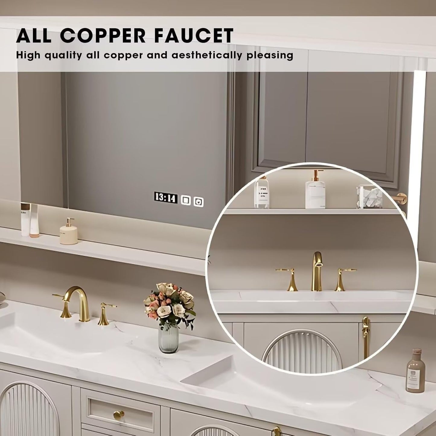 58"-96"Modern Bathroom Vanity Includes Fine Copper Metal Texture Handle & Striped Glass Door Storage