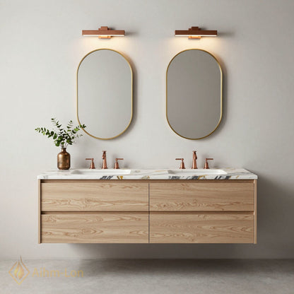 60''-96'' Modern Bathroom Vanity with Sink Floating Wood Grain White Marble Gold Mirror