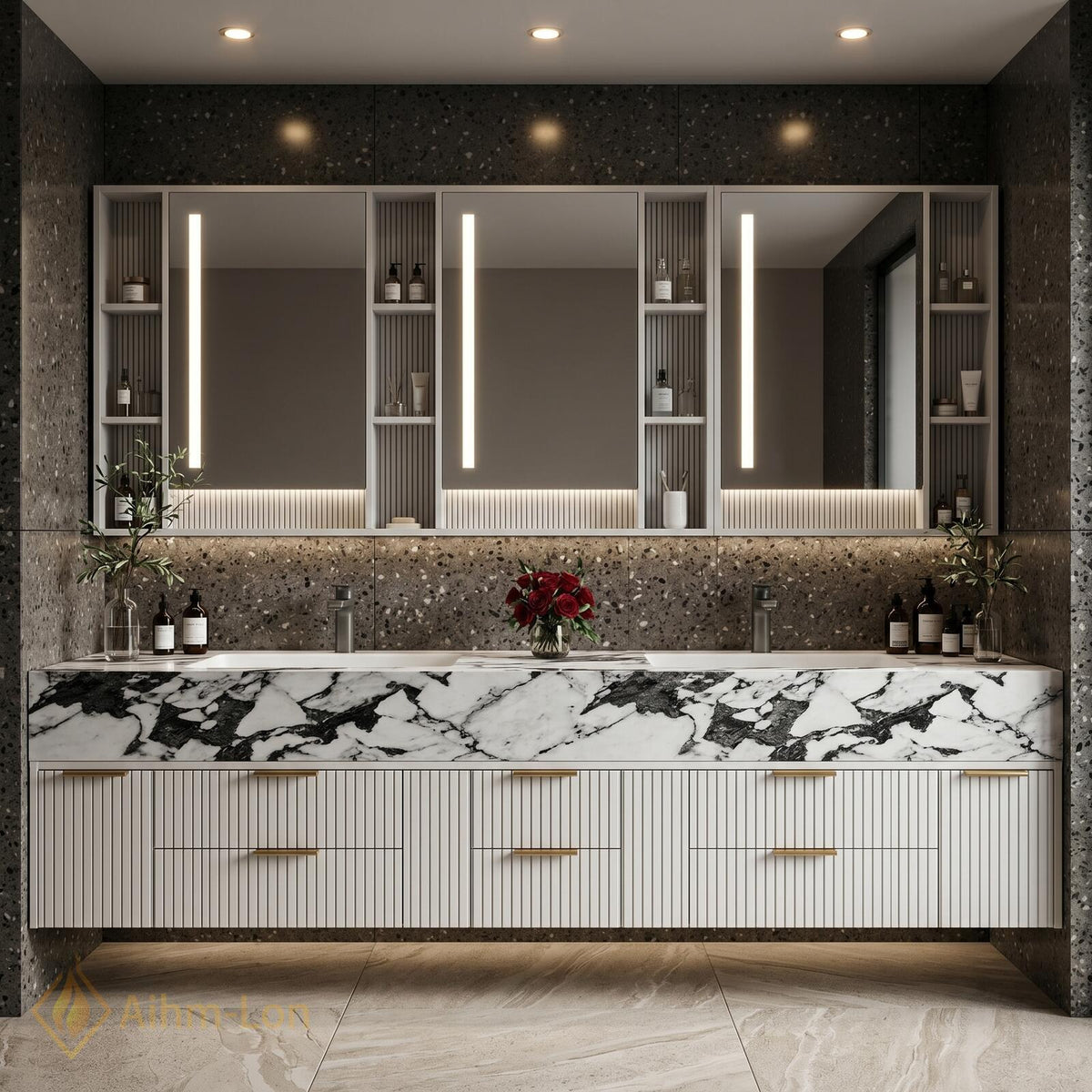 60''-96'' Double Bathroom Vanity with Sink Vertical Slatted Front Warm Wood Tone