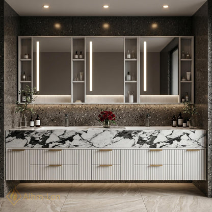 60''-96'' Double Bathroom Vanity with Sink Vertical Slatted Front Warm Wood Tone