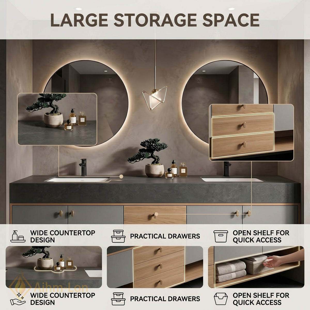 60''-96'' Double Bathroom Vanity with Sink Grey Lacquer Doors Open Shelving Base