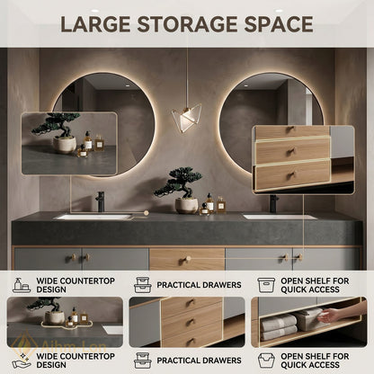 60''-96'' Double Bathroom Vanity with Sink Grey Lacquer Doors Open Shelving Base