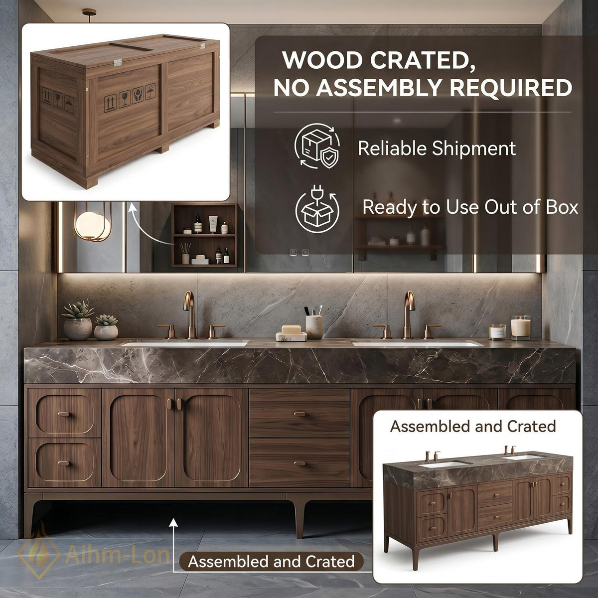 60''-96'' Double Bathroom Vanity with Sink Mid-Century Modern Dark Walnut Solid Base