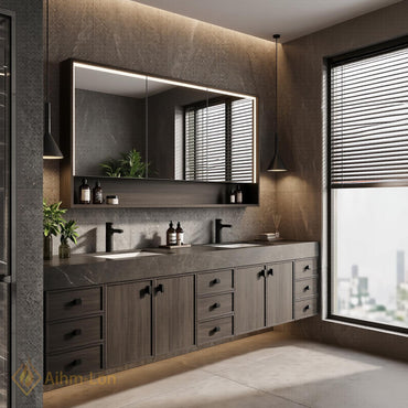 76''-96'' Bathroom Vanity with Sink Floating Double Dark Grey Wood Grain Spacious