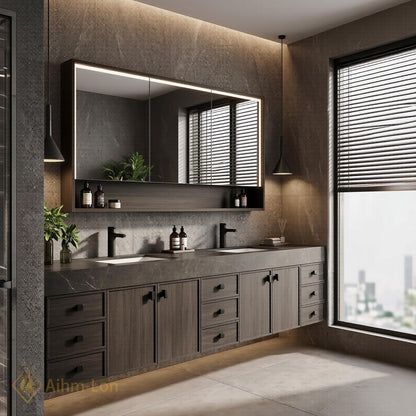 76''-96'' Bathroom Vanity with Sink Floating Double Dark Grey Wood Grain Spacious