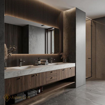 76''-96'' Double Bathroom Vanity with Sink Dark-Walnut Slatted-Panel Elegant Finish