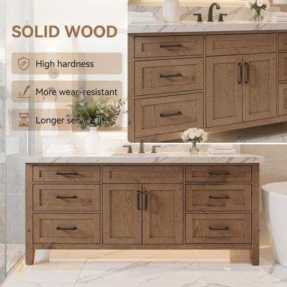 48''-64'' Modern Bathroom Vanity with Sink Marble Wood Grain Black Hardware Drawers