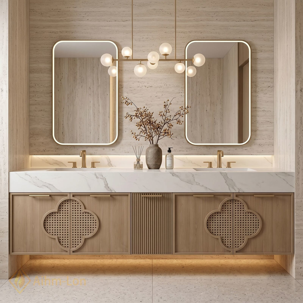 72''-96'' Double Bathroom Vanity with Sink Carved Lattice Doors Floating Design Marble