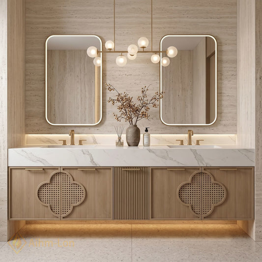 72''-96'' Double Bathroom Vanity with Sink Carved Lattice Doors Floating Design Marble