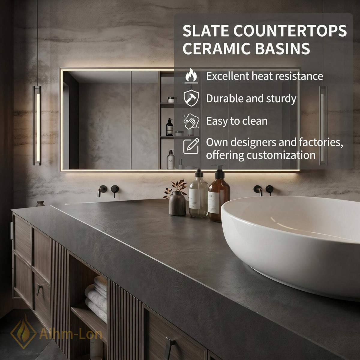 60''-96'' Double Bathroom Vanity with Sink Floating Slatted Panel Dark Walnut Finish