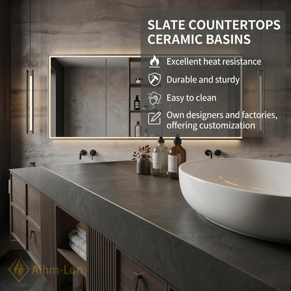 60''-96'' Double Bathroom Vanity with Sink Floating Slatted Panel Dark Walnut Finish