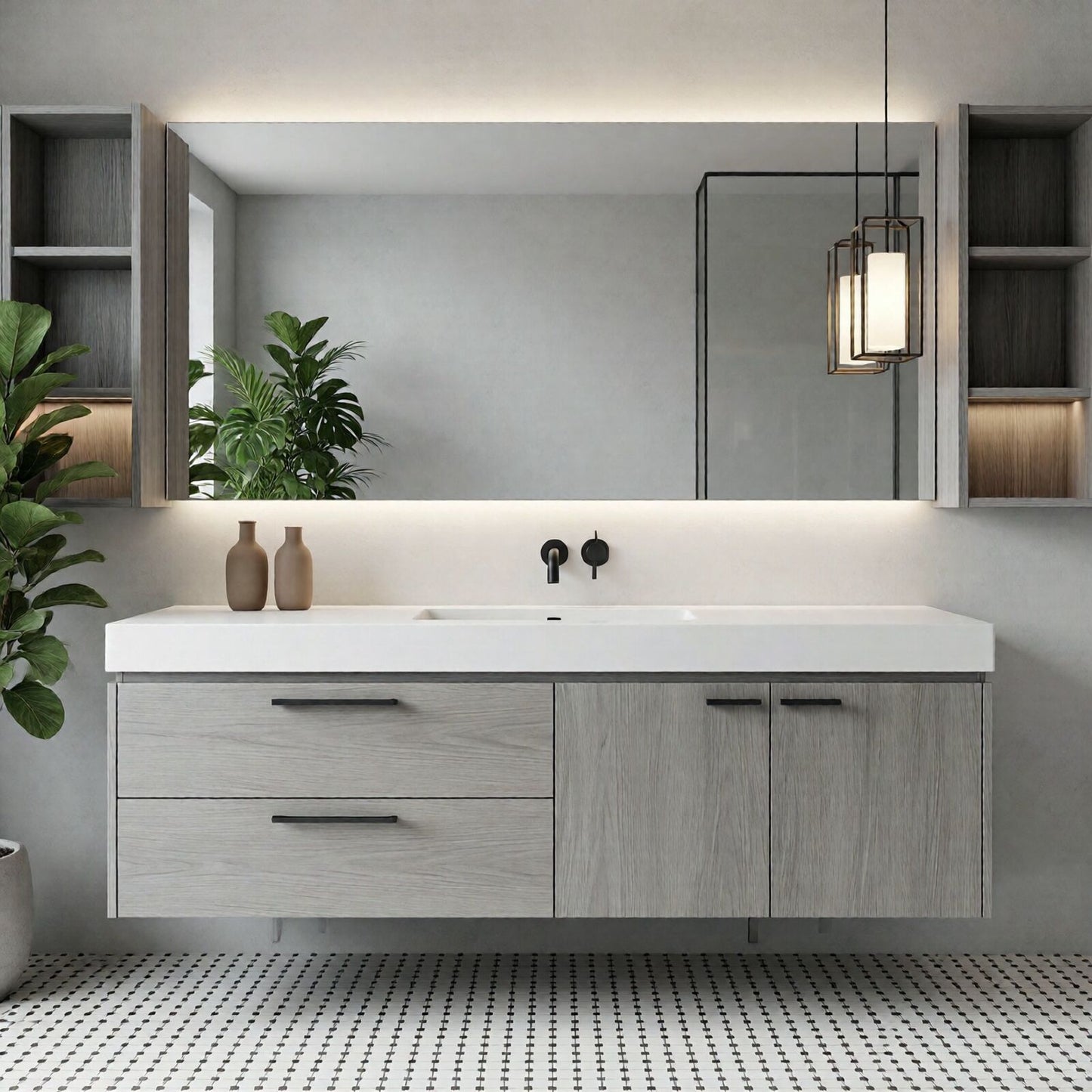 36''-64'' Modern Bathroom Vanity with Sink Single Grey Wood Grains Floating Mirror Cabinet