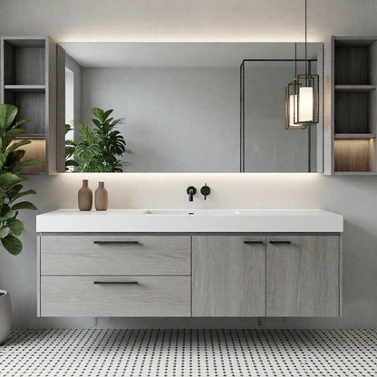 36''-64'' Modern Bathroom Vanity with Sink Single Grey Wood Grains Floating Mirror Cabinet